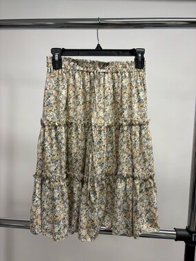 SHEIN Tiered Floral Midi Skirt in Cream and Green